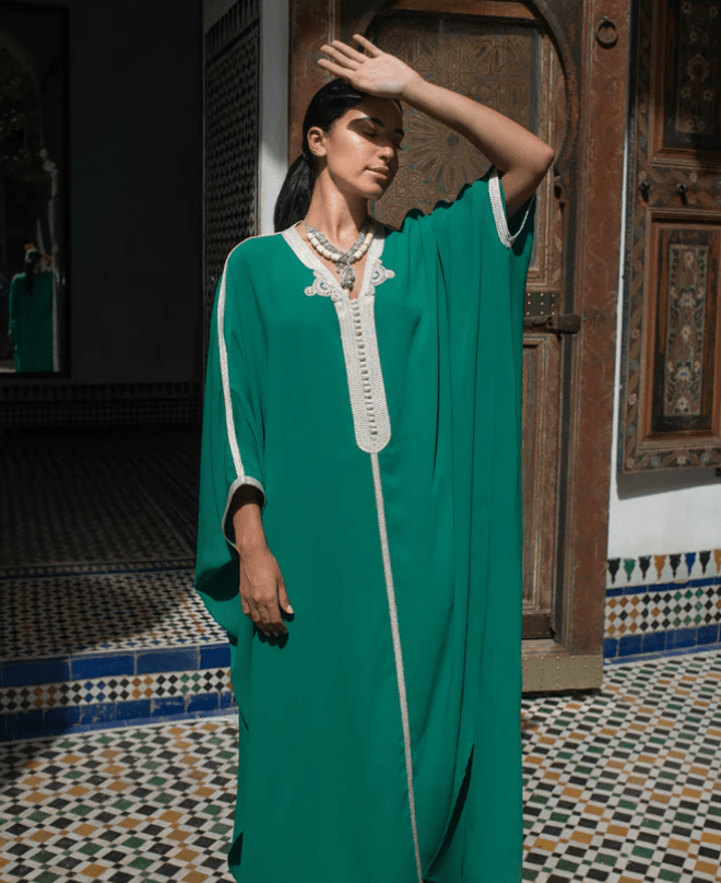 D'Ici Et D'Ailleurs Women's Kaftan OS / Green Moroccan Dress - Oversized Crepe Kaftan in Green