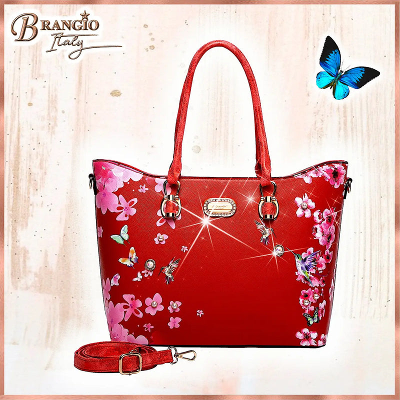 BI Women's Hummingbird Bloom Top-Handle Bag in Red, Blue, Bronze, or Burgundy