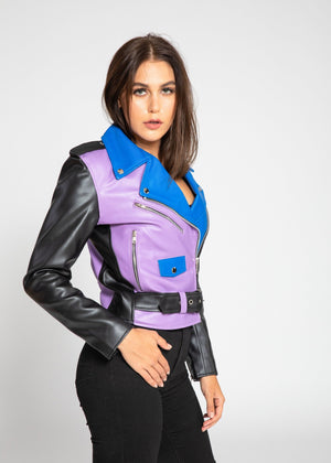 FAD-Forever Altered Destiny Women's Outerwear Fadcloset Women's Block Print Moto Style Faux Leather Jacket - Purple/Blue