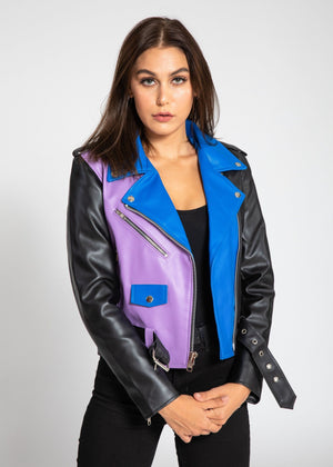 FAD-Forever Altered Destiny Women's Outerwear Fadcloset Women's Block Print Moto Style Faux Leather Jacket - Purple/Blue
