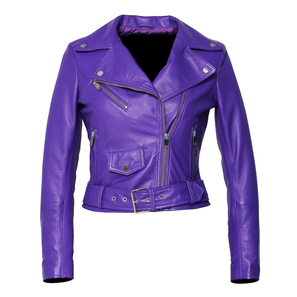 FAD-Forever Altered Destiny Women's Outerwear Fadcloset Womens Moto Nappa in Deerskin Emboss Print Purple Leather Jacket