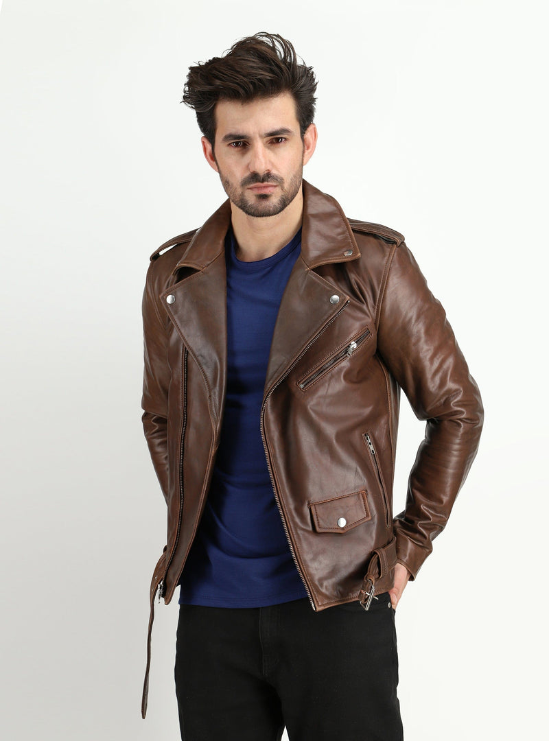 Fadcloset Men's Outerwear Fadcloset Men's Cowhide Dual Tone Brown Motorcycle Style Leather Jacket