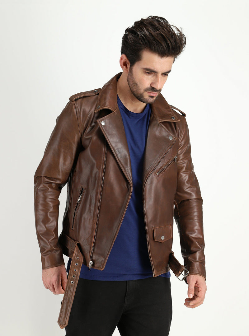 Fadcloset Men's Outerwear Fadcloset Men's Cowhide Dual Tone Brown Motorcycle Style Leather Jacket