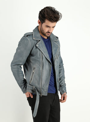 Fadcloset Men's Outerwear Fadcloset Men's Cowhide Dual Tone Gray Motorcycle Style Leather Jacket