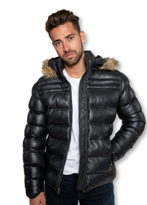 Fadcloset Men's Outerwear Fadcloset Men's Crimson Black Puffer Winter Down Leather Jacket with Fur