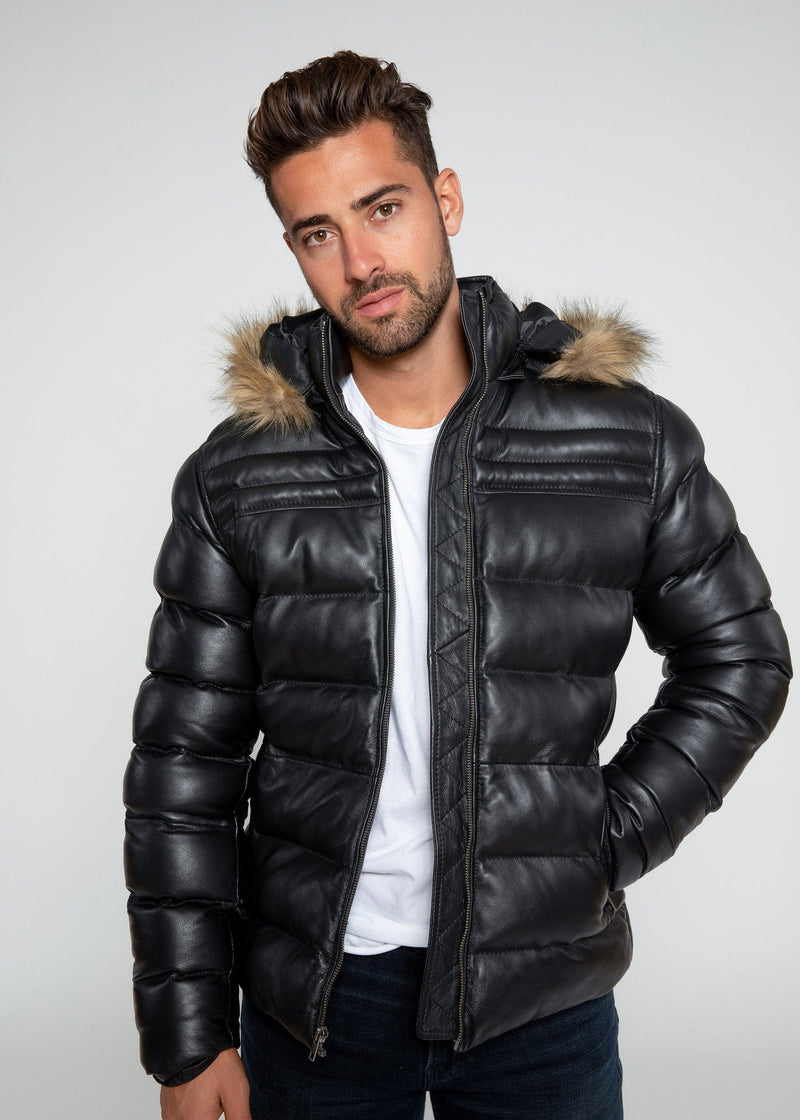 Fadcloset Men's Outerwear Fadcloset Men's Crimson Black Puffer Winter Down Leather Jacket with Fur