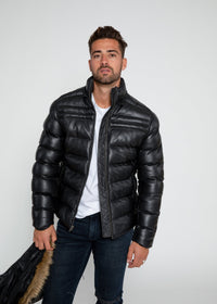 Fadcloset Men's Outerwear Fadcloset Men's Crimson Black Puffer Winter Down Leather Jacket with Fur