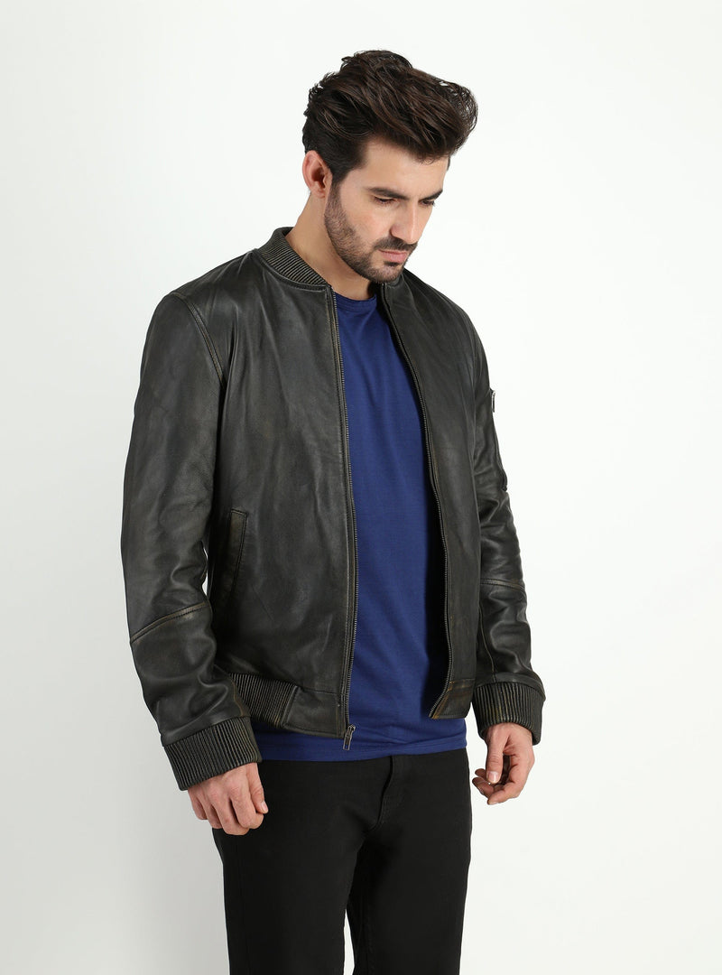 Fadcloset Men's Outerwear Fadcloset Men's Kadon Rub Off Black Leather Bomber Jacket