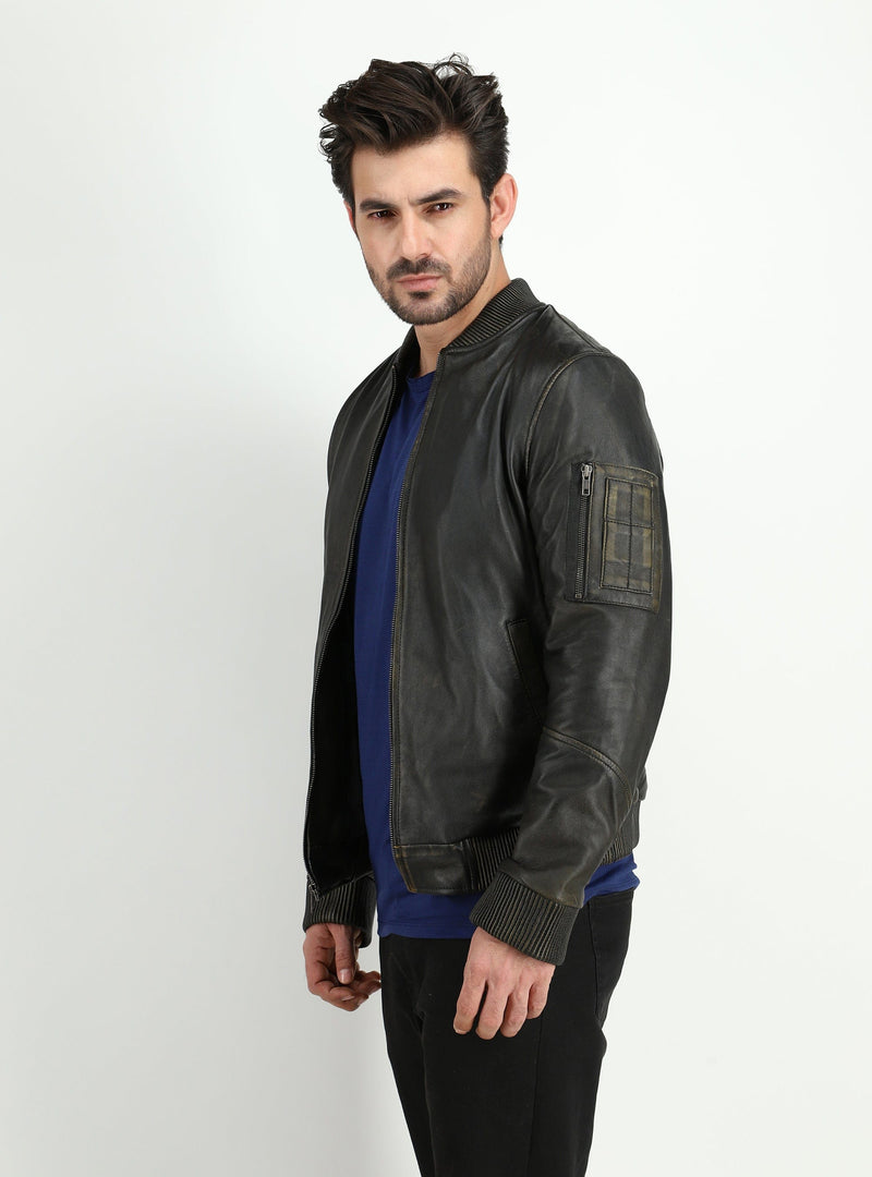 Fadcloset Men's Outerwear Fadcloset Men's Kadon Rub Off Black Leather Bomber Jacket