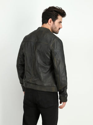 Fadcloset Men's Outerwear Fadcloset Men's Kadon Rub Off Black Leather Bomber Jacket