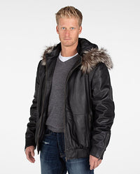 Fadcloset Men's Outerwear Fadcloset Mens Silver Fox Look Fur Hooded Leather Jacket