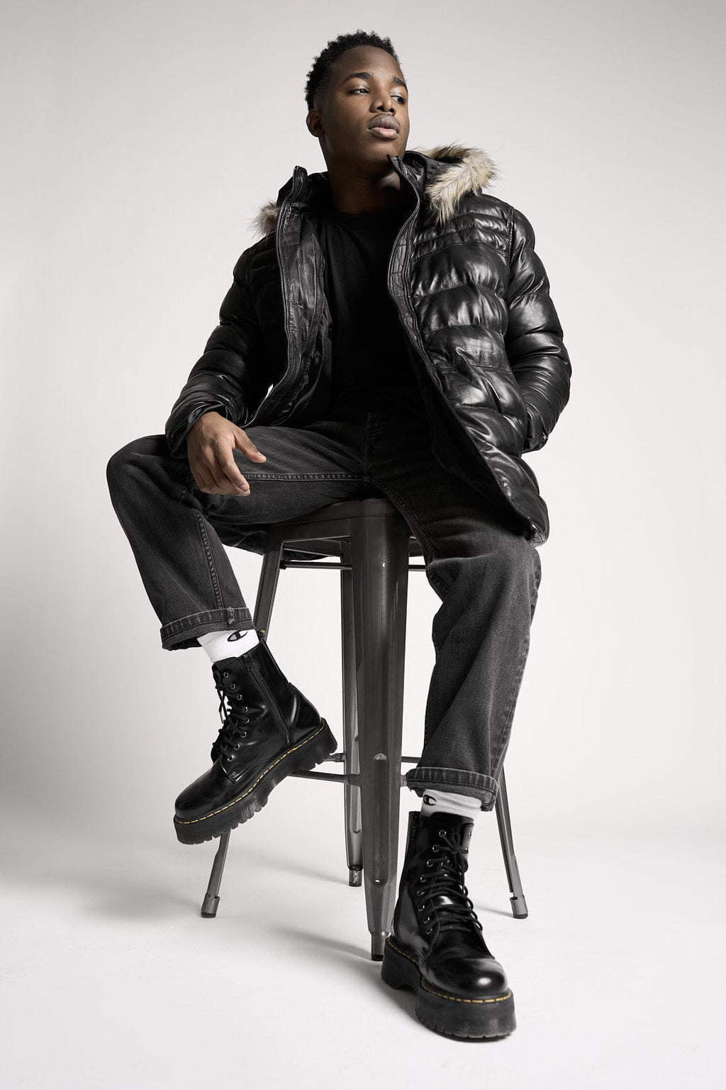 Fadcloset Men's Outerwear Men's Kris Black Puffer Winter Down Leather Jacket with Fur | Fadcloset