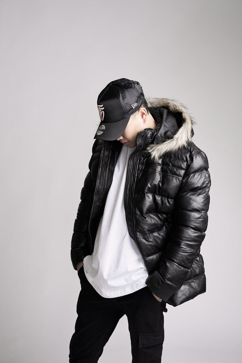 Fadcloset Men's Outerwear Men's Kris Black Puffer Winter Down Leather Jacket with Fur | Fadcloset