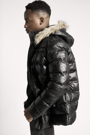 Fadcloset Men's Outerwear Men's Kris Black Puffer Winter Down Leather Jacket with Fur | Fadcloset