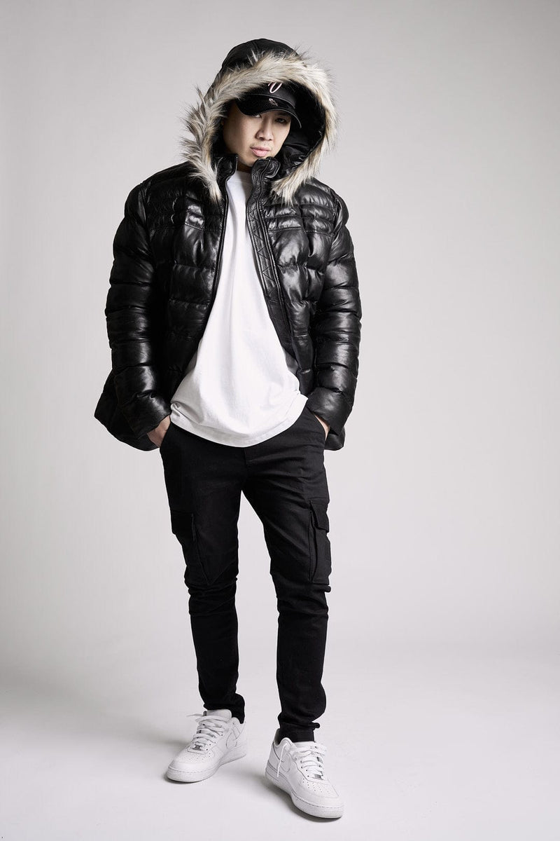 Fadcloset Men's Outerwear Men's Kris Black Puffer Winter Down Leather Jacket with Fur | Fadcloset