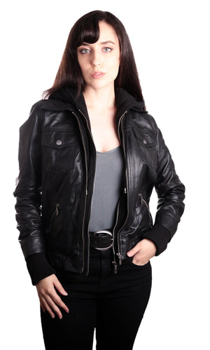 Fadcloset Women's Outerwear Fadcloset Hooded Bomber Womens Leather Jacket