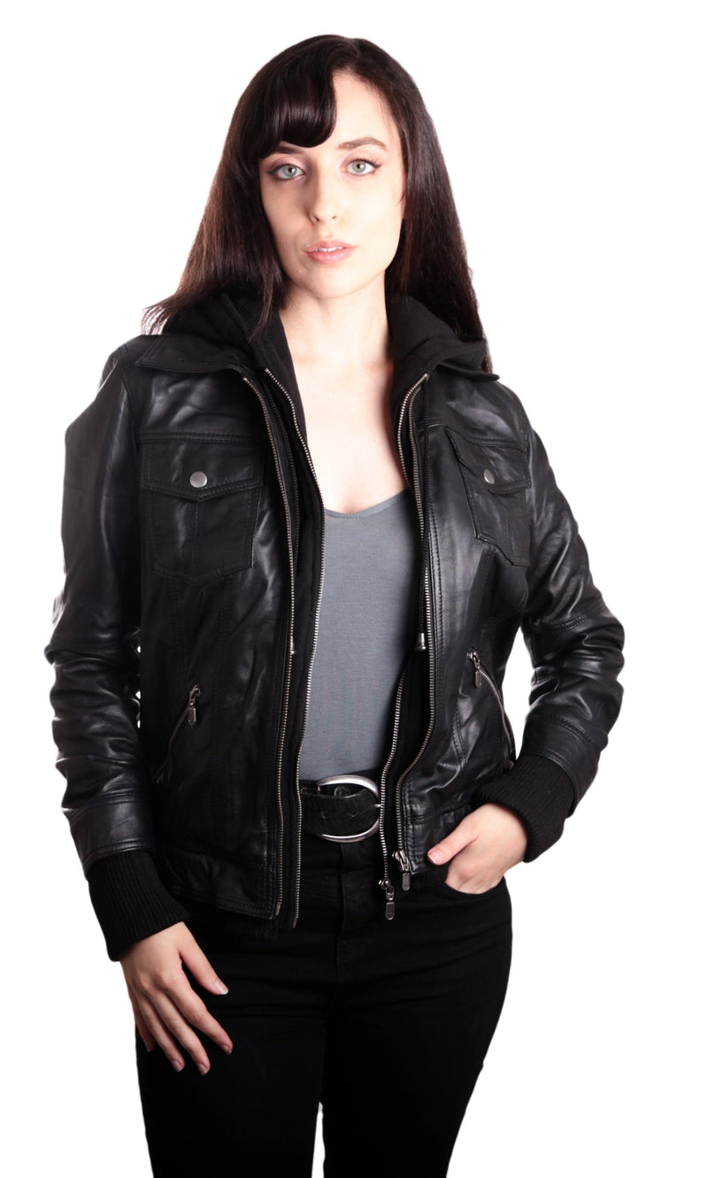 Fadcloset Women's Outerwear Fadcloset Hooded Bomber Womens Leather Jacket