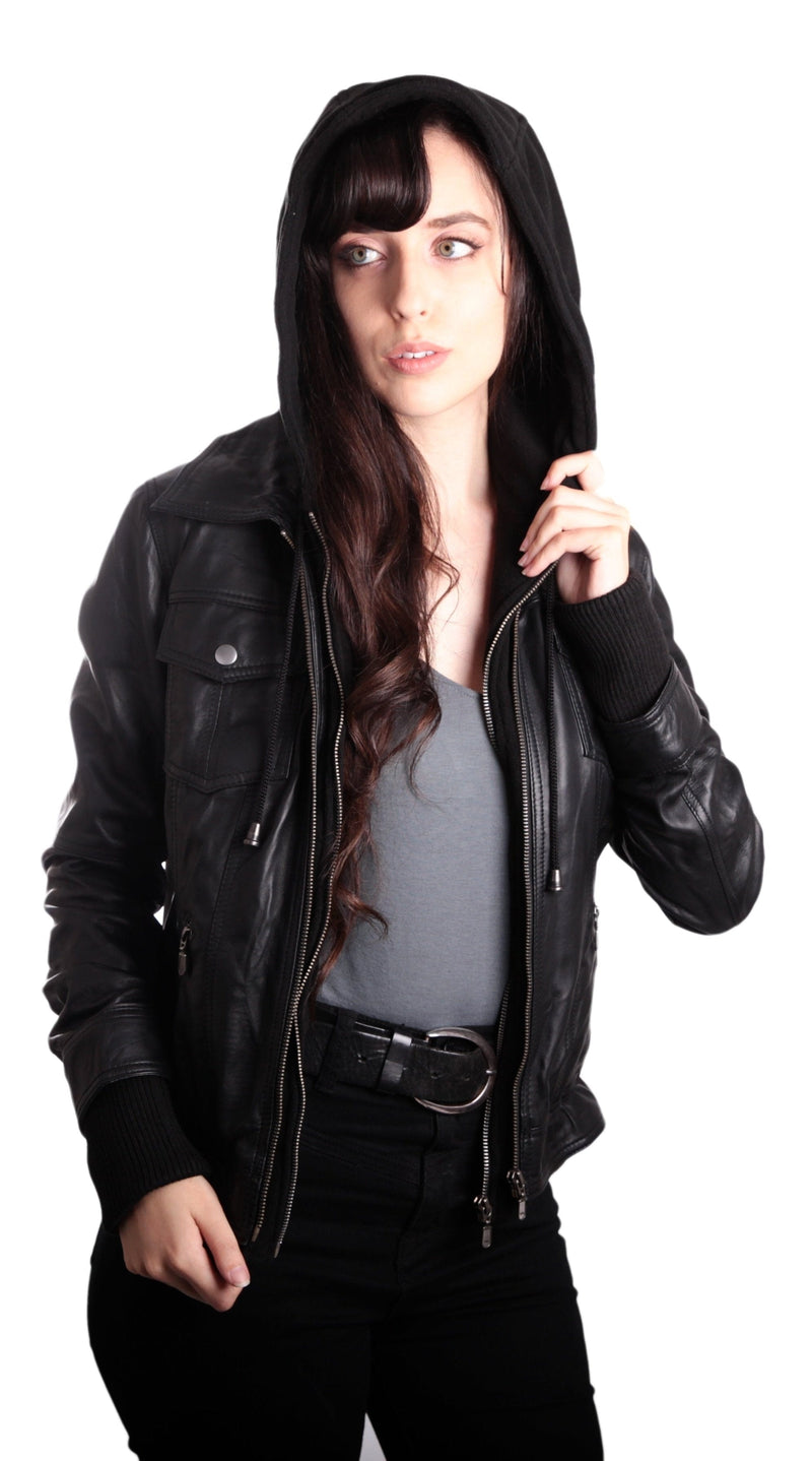 Fadcloset Women's Outerwear Fadcloset Hooded Bomber Womens Leather Jacket