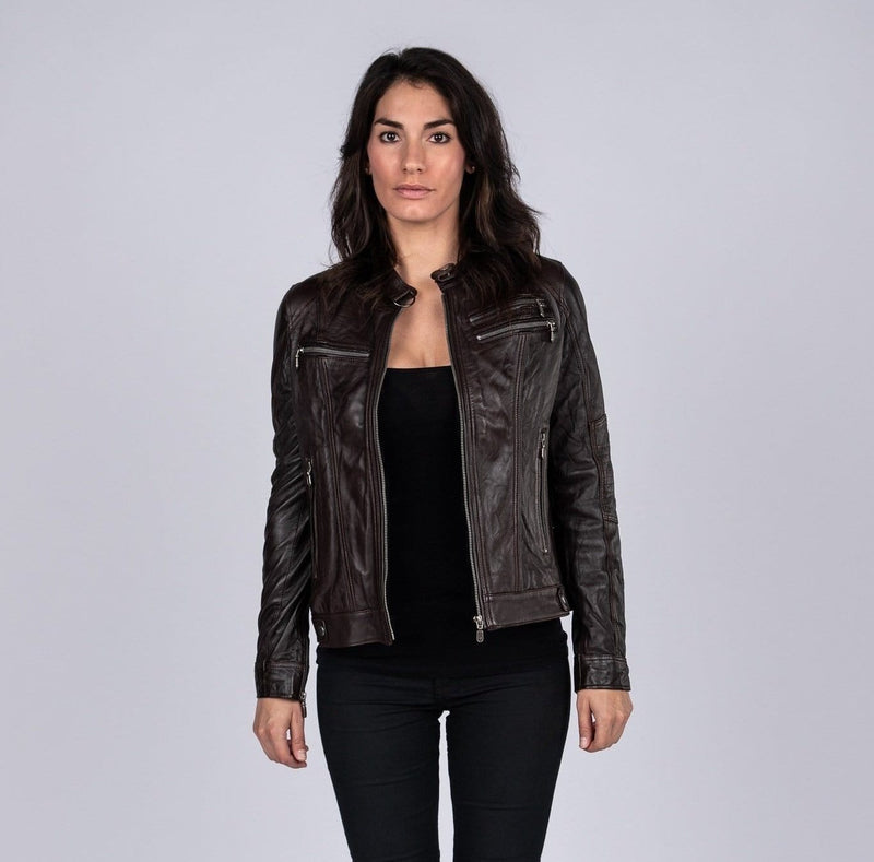 Fadcloset Women's Outerwear Fadcloset Ladies Elektra Washed Leather Jacket Brown