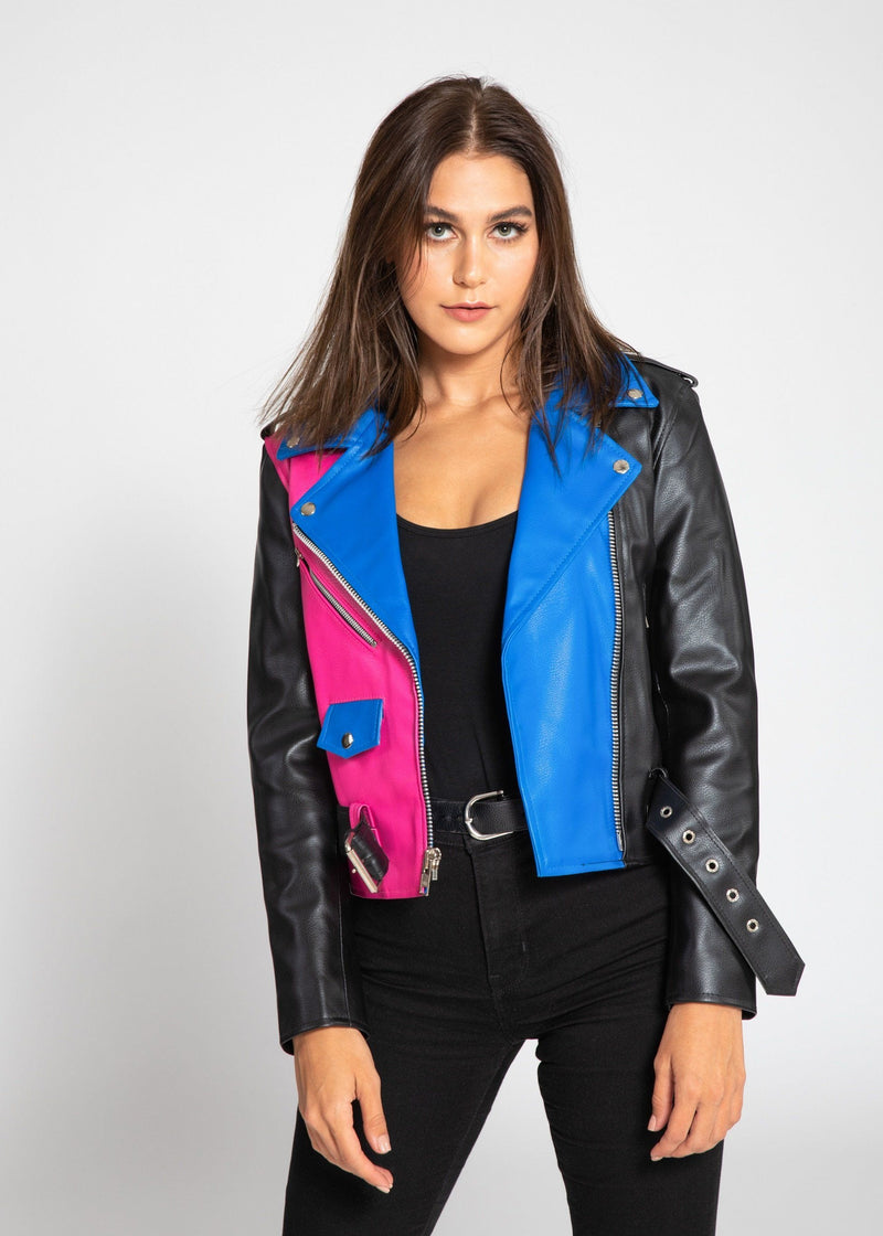 Fadcloset Women's Outerwear Fadcloset Women's Block Print Moto Style Faux Leather Jacket - Pink/Blue