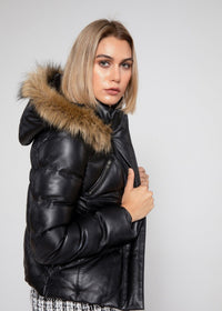 Fadcloset Women's Outerwear Fadcloset Women's Joselyn Black Puffer Winter Down Leather Jacket with Fur