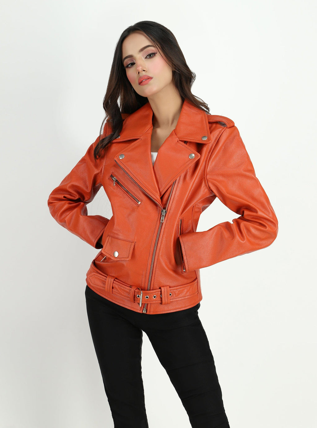 Fadcloset Women's Outerwear Fadcloset Women's  Moto Style Cowhide Orange Leather Jacket