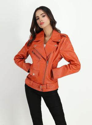 Fadcloset Women's Outerwear Fadcloset Women's  Moto Style Cowhide Orange Leather Jacket