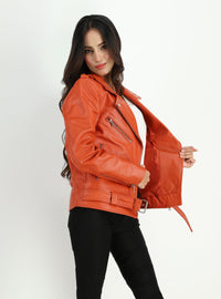 Fadcloset Women's Outerwear Fadcloset Women's  Moto Style Cowhide Orange Leather Jacket