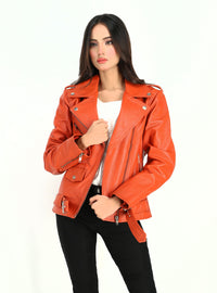 Fadcloset Women's Outerwear Fadcloset Women's  Moto Style Cowhide Orange Leather Jacket