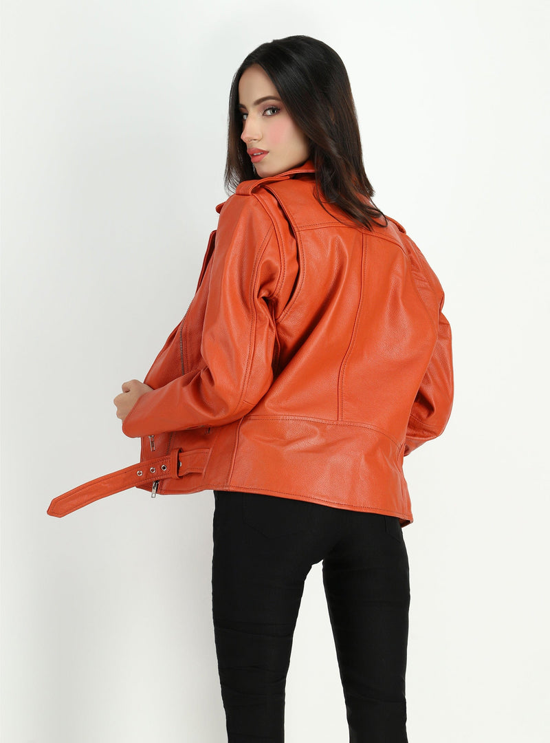 Fadcloset Women's Outerwear Fadcloset Women's  Moto Style Cowhide Orange Leather Jacket