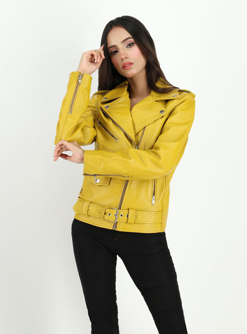 Fadcloset Women's Outerwear Fadcloset Women's  Moto Style Cowhide Yellow Leather Jacket
