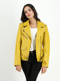 Fadcloset Women's Outerwear Fadcloset Women's  Moto Style Cowhide Yellow Leather Jacket