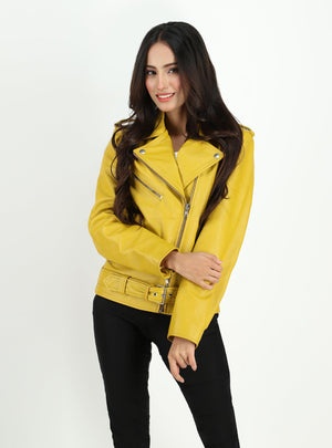 Fadcloset Women's Outerwear Fadcloset Women's  Moto Style Cowhide Yellow Leather Jacket