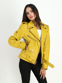 Fadcloset Women's Outerwear Fadcloset Women's  Moto Style Cowhide Yellow Leather Jacket