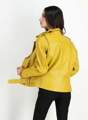 Fadcloset Women's Outerwear Fadcloset Women's  Moto Style Cowhide Yellow Leather Jacket