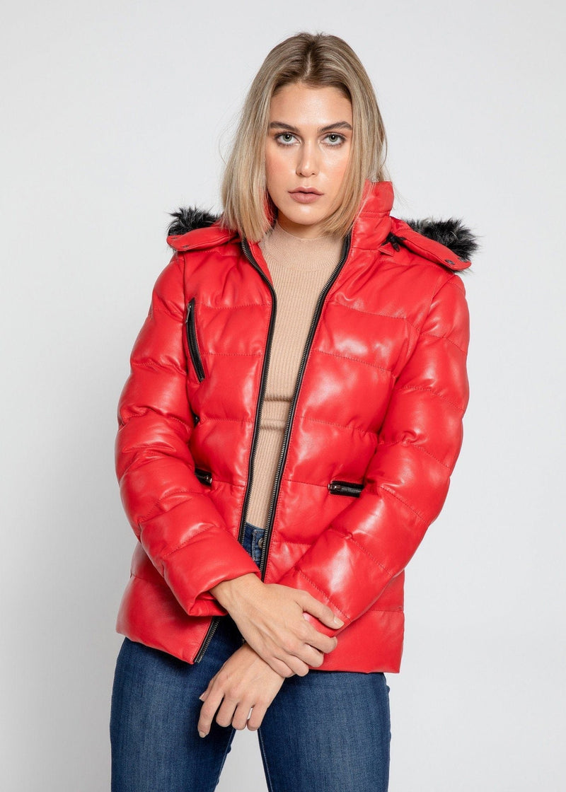 Fadcloset Women's Outerwear Fadcloset Women's Striking Puffer Arctic Red Down Leather Jacket with Fur