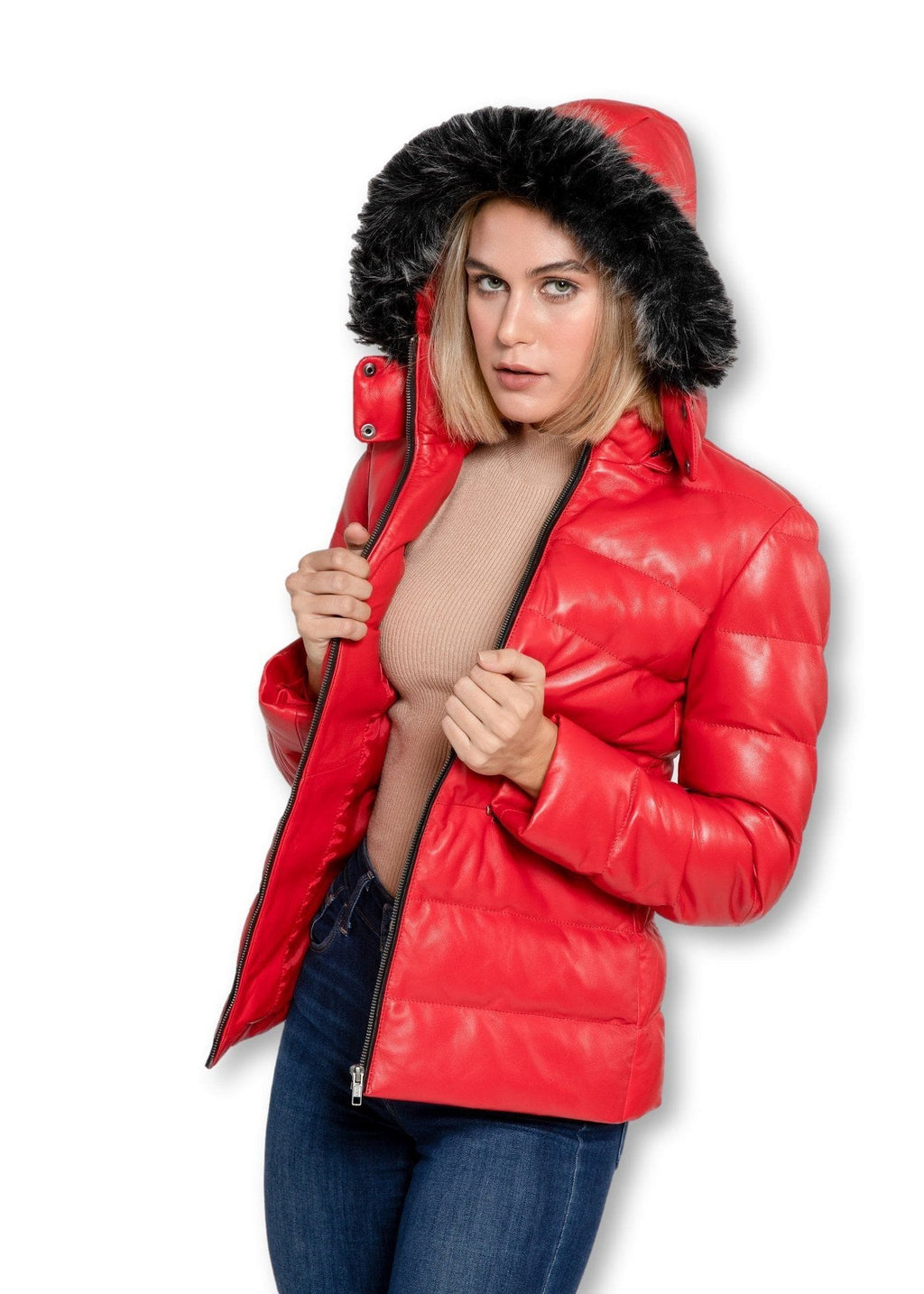 Fadcloset Women's Outerwear Fadcloset Women's Striking Puffer Arctic Red Down Leather Jacket with Fur