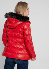 Fadcloset Women's Outerwear Fadcloset Women's Striking Puffer Arctic Red Down Leather Jacket with Fur