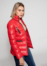 Fadcloset Women's Outerwear Fadcloset Women's Striking Puffer Arctic Red Down Leather Jacket with Fur