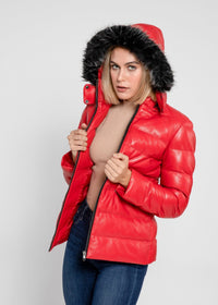 Fadcloset Women's Outerwear Fadcloset Women's Striking Puffer Arctic Red Down Leather Jacket with Fur