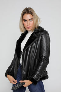 Fadcloset Women's Outerwear Fadcloset Women's Sylvia Black Shearling Fur Leather Jacket
