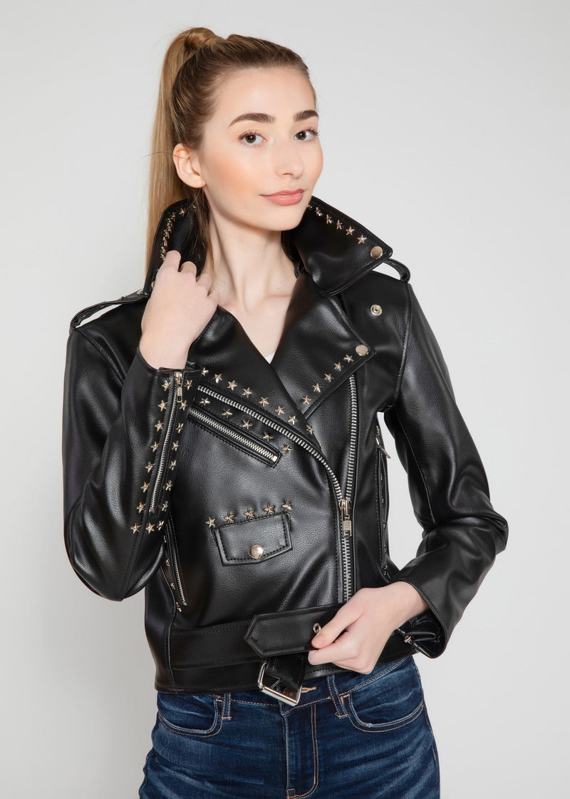 Fadcloset Women's Outerwear Fadcloset Women's Vegan Star Studded Black Moto Style Faux Leather Jacket