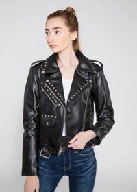 Fadcloset Women's Outerwear Fadcloset Women's Vegan Star Studded Black Moto Style Faux Leather Jacket