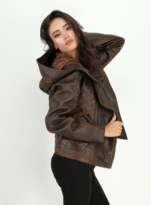 Fadcloset Women's Outerwear Fadcloset Womens Luna Dual Tone Rustic Hooded Leather Jacket