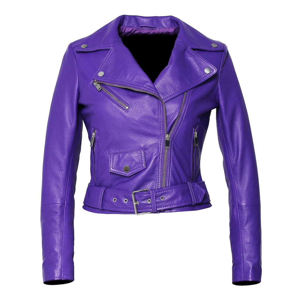 Fadcloset Women's Outerwear Fadcloset Womens Moto Nappa in Deerskin Emboss Print Purple Leather Jacket