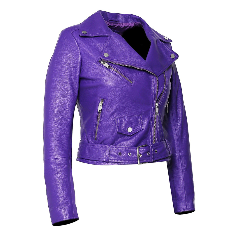 Fadcloset Women's Outerwear Fadcloset Womens Moto Nappa in Deerskin Emboss Print Purple Leather Jacket