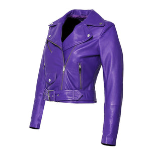 Fadcloset Women's Outerwear Fadcloset Womens Moto Nappa in Deerskin Emboss Print Purple Leather Jacket