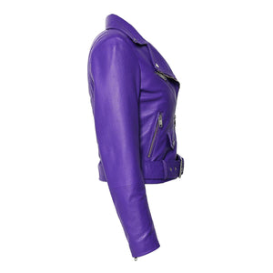 Fadcloset Women's Outerwear Fadcloset Womens Moto Nappa in Deerskin Emboss Print Purple Leather Jacket