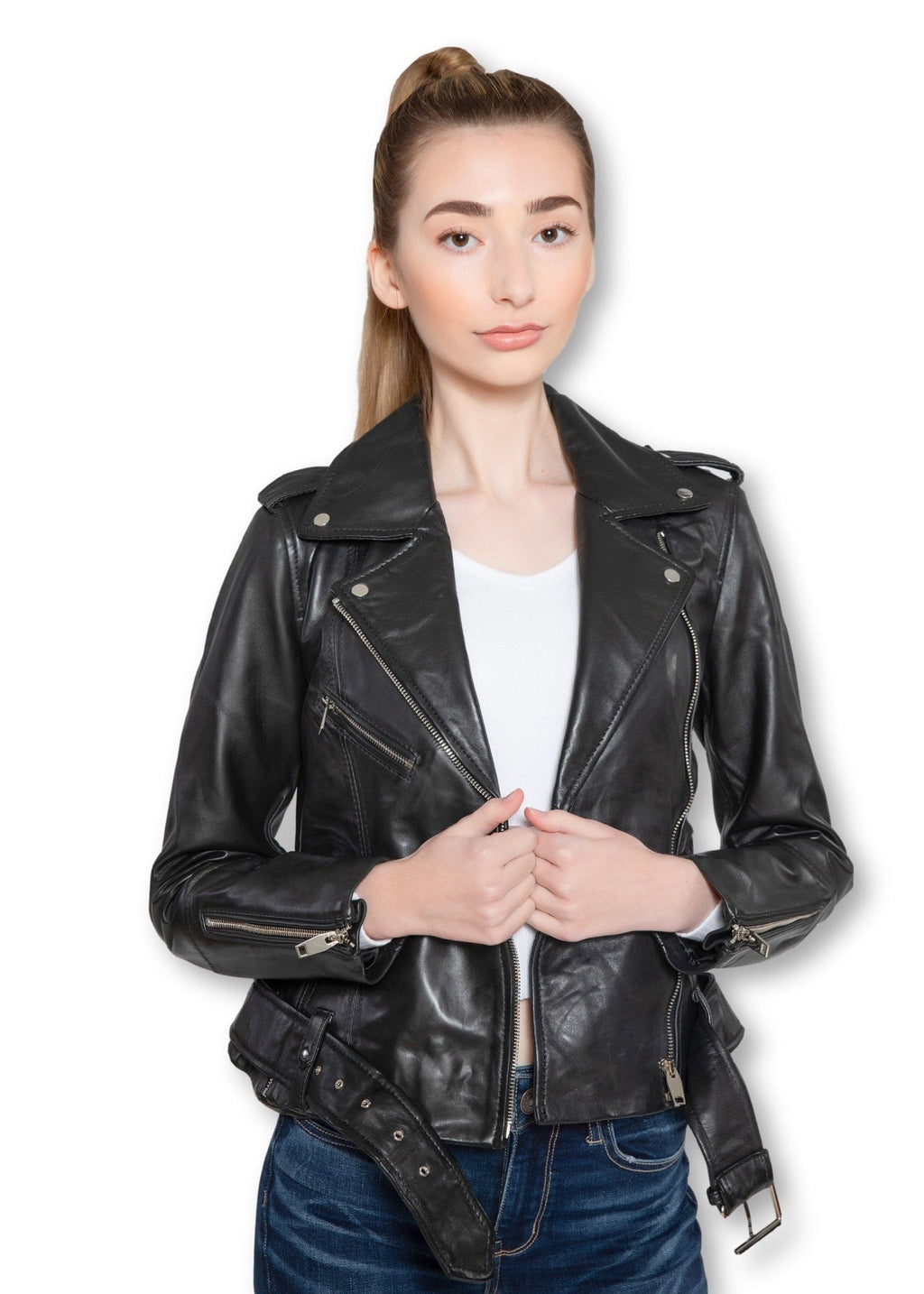 Fadcloset Women's Outerwear Fadcloset Womens Moto Nappa Leather Jacket