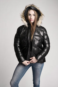 Fadcloset Women's Outerwear Women's Jacky Black Puffer Winter Down Leather Jacket with Fur | Fadcloset